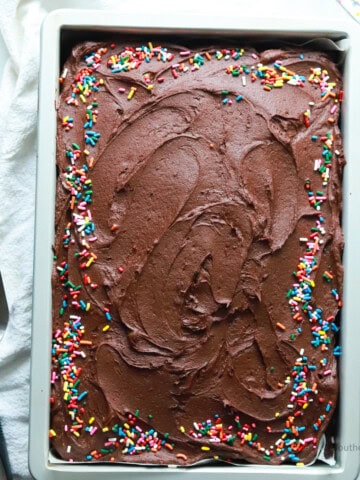 Chocolate butter milk sheet cake with rainbow sprinkles.